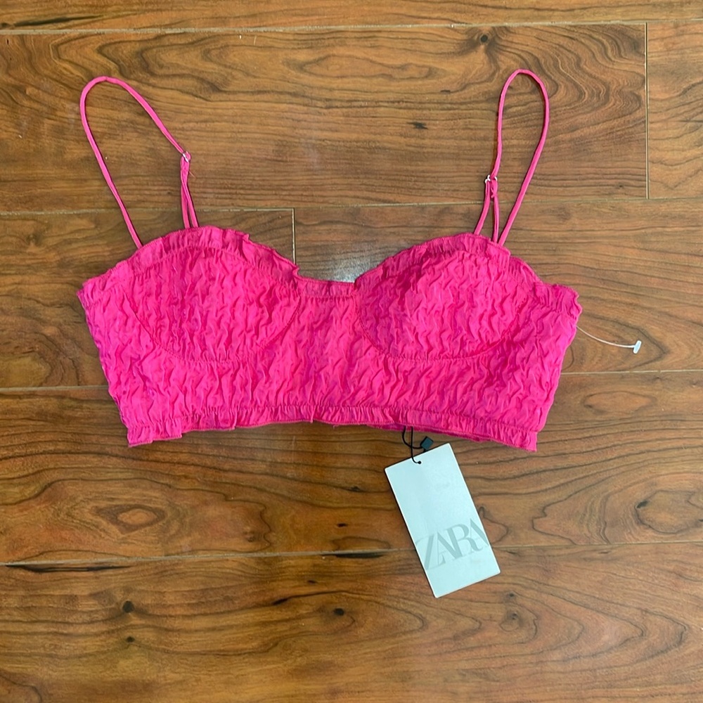 NWT Zara Hot Pink Shimmer Ruched Crop Top Bralette